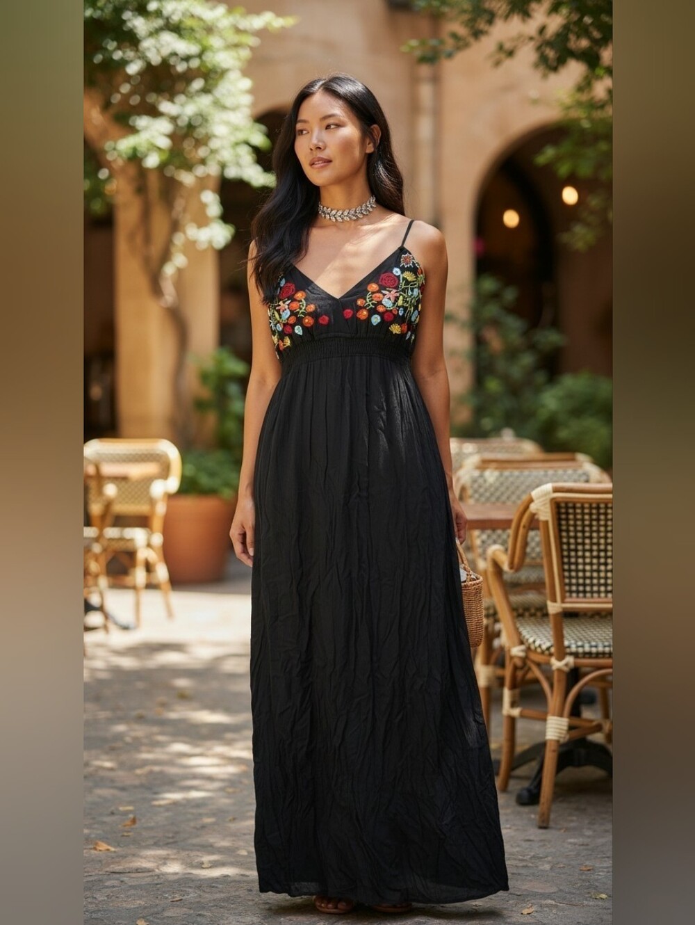 Hayden Black Maxi Dress with Multicolor Floral Embroidery